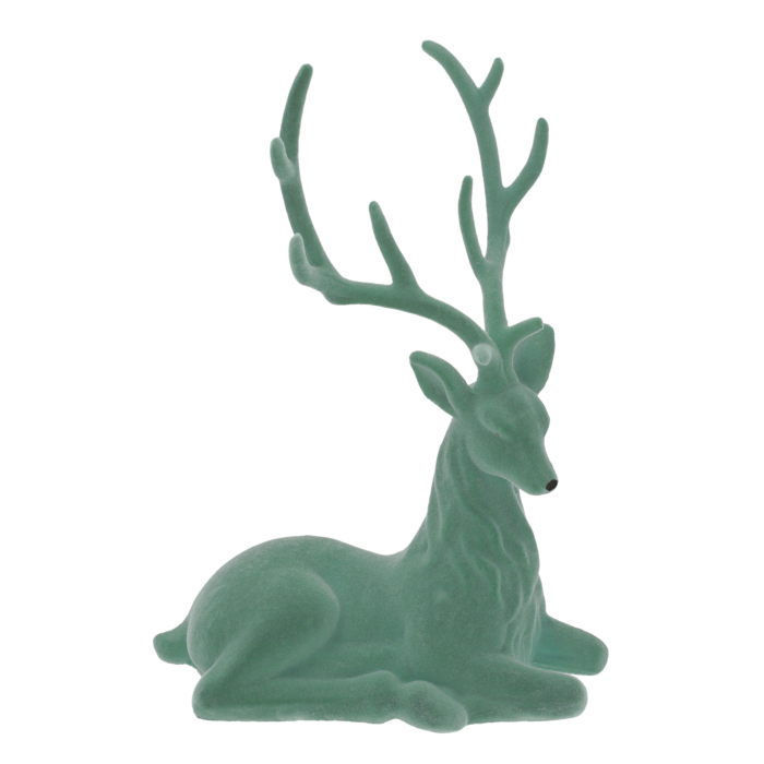 Miętowy flokowany renifer 36 cm to elegancka figurka świąteczna o aksamitnej powierzchni, idealna do bożonarodzeniowych aranżacji domu.