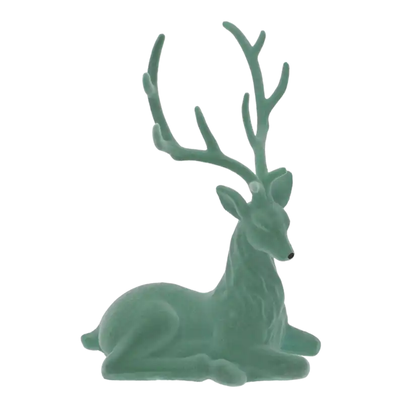Miętowy flokowany renifer 36 cm to elegancka figurka świąteczna o aksamitnej powierzchni, idealna do bożonarodzeniowych aranżacji domu.