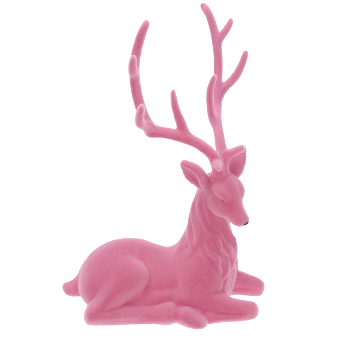 Różowy flokowany renifer o wysokości 36 cm. Ta lekka figurka z tworzywa o miękkiej teksturze to idealna dekoracja na święta Bożego Narodzenia.
