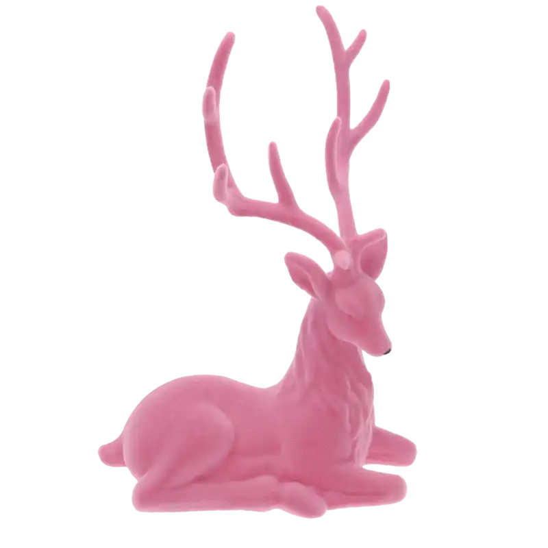 Różowy flokowany renifer o wysokości 36 cm. Ta lekka figurka z tworzywa o miękkiej teksturze to idealna dekoracja na święta Bożego Narodzenia.