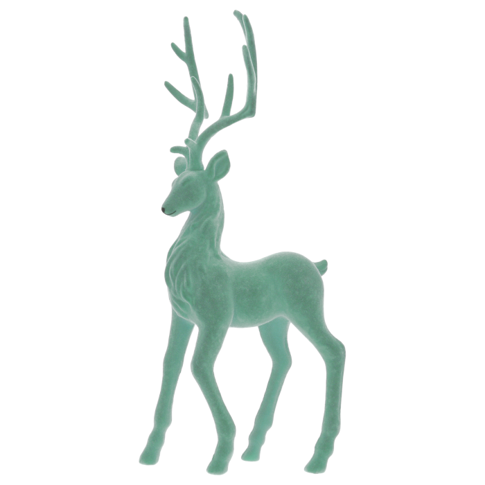 Miętowy flokowany renifer 53 cm, elegancka figurka świąteczna o aksamitnej powierzchni, doskonała do bożonarodzeniowych aranżacji wnętrz.