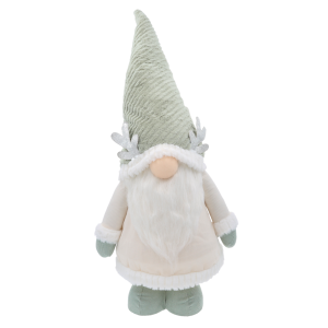 Świąteczny skrzat XXL z teleskopowymi nogami o wysokości 85-125 cm. Figurka w szaro-miętowym sztruksowym ubranku z brokatowymi rogami to stylowa dekoracja świąteczna.