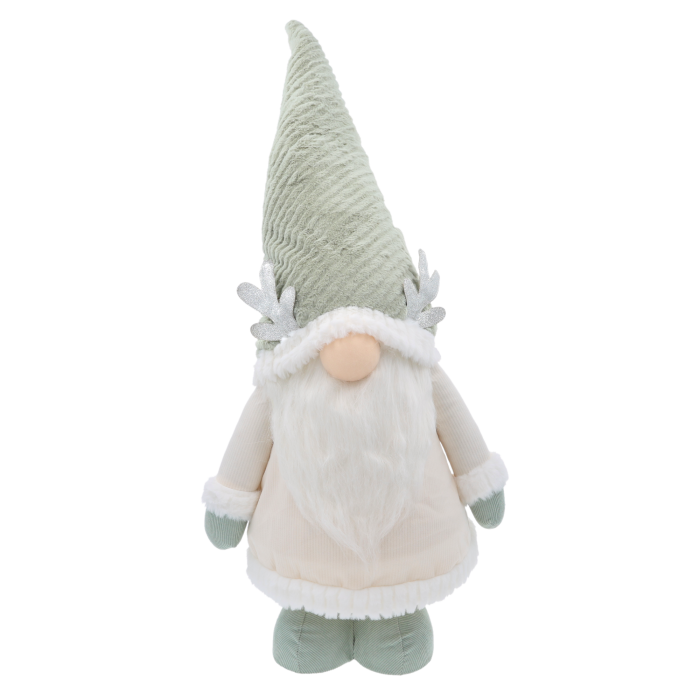 Świąteczny skrzat XXL z teleskopowymi nogami o wysokości 85-125 cm. Figurka w szaro-miętowym sztruksowym ubranku z brokatowymi rogami to stylowa dekoracja świąteczna.