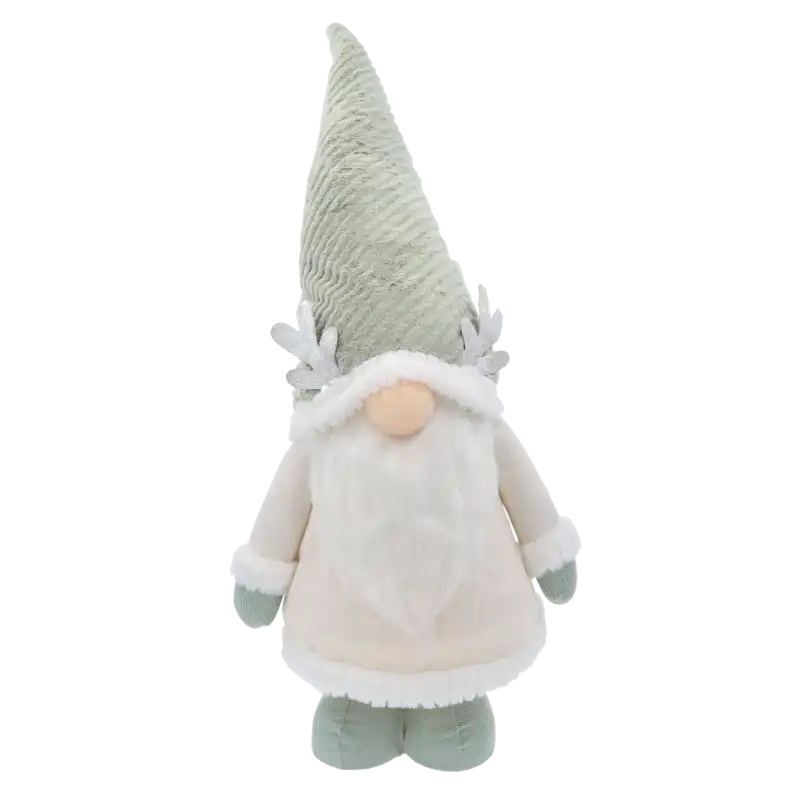 Świąteczny skrzat XXL z teleskopowymi nogami o wysokości 85-125 cm. Figurka w szaro-miętowym sztruksowym ubranku z brokatowymi rogami to stylowa dekoracja świąteczna.