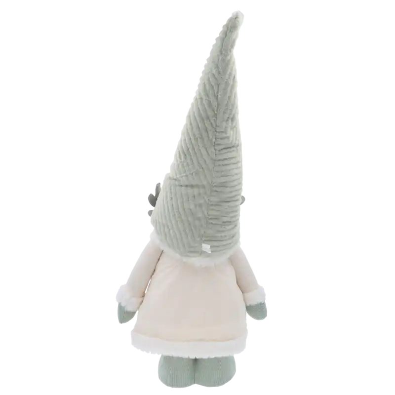 Widok z tyłu na świąteczną figurkę skrzata. Widać strukturę sztruksowego ubranka oraz wysoki, szpiczasty kształt czapki.