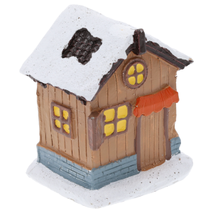 Miniaturowy domek dekoracyjny 7x6 cm z poliresinu w brązowo-białej kolorystyce, ujęty z góry pod kątem, prezentujący detale dachu i okien.
