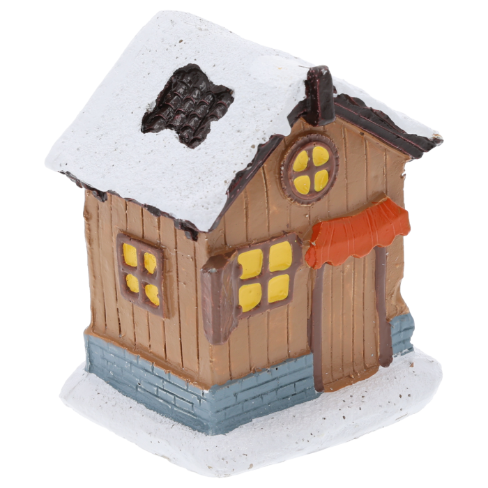 Miniaturowy domek dekoracyjny 7x6 cm z poliresinu w brązowo-białej kolorystyce, ujęty z góry pod kątem, prezentujący detale dachu i okien.