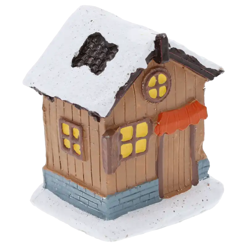Miniaturowy domek dekoracyjny 7x6 cm z poliresinu w brązowo-białej kolorystyce, ujęty z góry pod kątem, prezentujący detale dachu i okien.