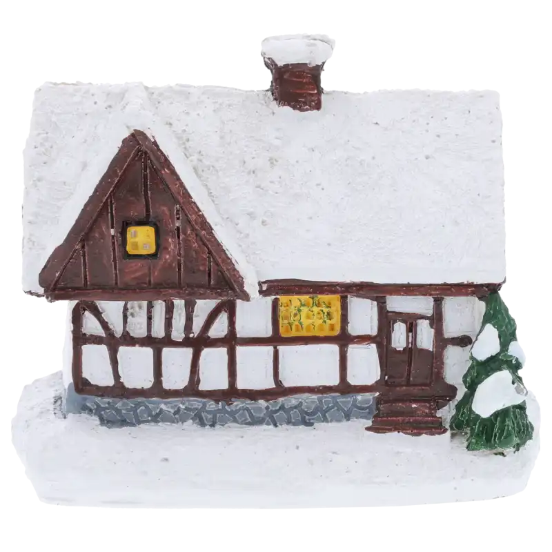 Frontowy widok na domek dekoracyjny 7x8 cm z poliresinu. Zimowa chatka z ośnieżonym dachem i detalami, idealna do stroików.