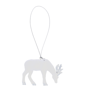 Biała zawieszka figurka jelenia o wymiarach 6x9 cm na srebrnym sznurku. Minimalistyczny dodatek do świątecznych stroików i kompozycji.