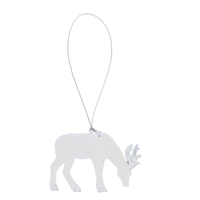 Biała zawieszka figurka jelenia o wymiarach 6x9 cm na srebrnym sznurku. Minimalistyczny dodatek do świątecznych stroików i kompozycji.