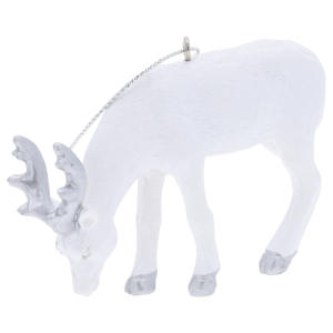 Detale figurki jelenia 6x9 cm, widoczne srebrne rogi i kopyta. Elegancka zawieszka do nowoczesnych i klasycznych wnętrz.