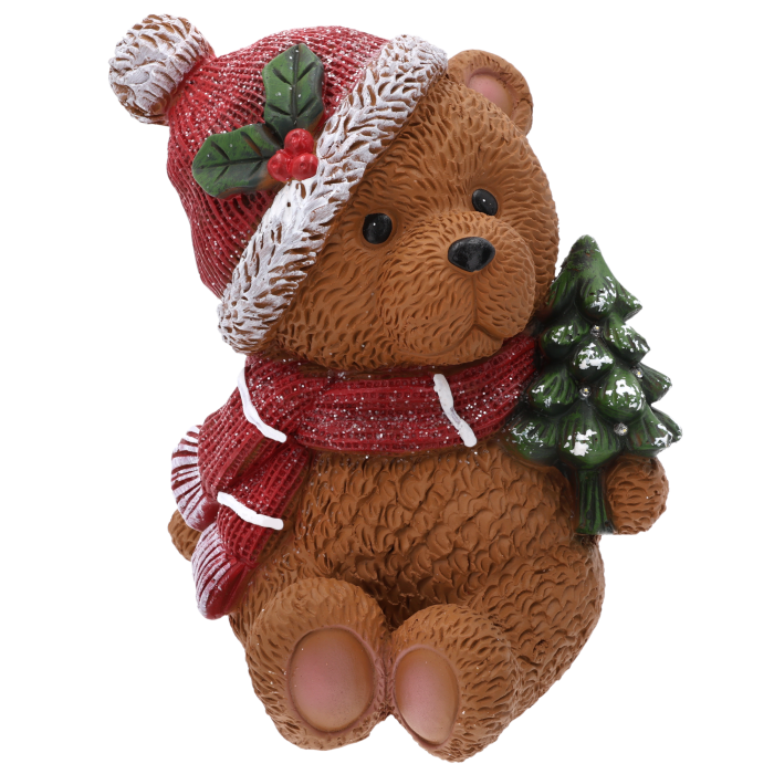 Ceramiczny miś ze świecącą choinką 29 cm to urocza figurka ozdobna z diodami LED, brokatową czapką i szalikiem. Idealny dodatek do świątecznych aranżacji wnętrz.