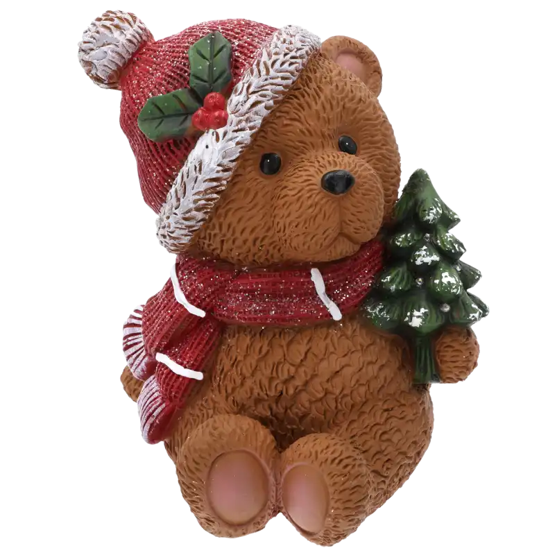 Ceramiczny miś ze świecącą choinką 29 cm to urocza figurka ozdobna z diodami LED, brokatową czapką i szalikiem. Idealny dodatek do świątecznych aranżacji wnętrz.