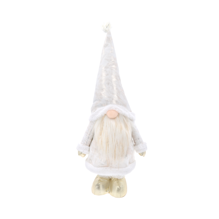Świąteczny skrzat XXL w odcieniach bieli i złota, figurka o regulowanej wysokości od 70 cm do 85 cm, idealna dekoracja domu.
