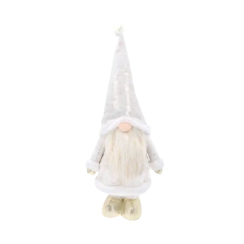 Świąteczny skrzat XXL w odcieniach bieli i złota, figurka o regulowanej wysokości od 70 cm do 85 cm, idealna dekoracja domu.