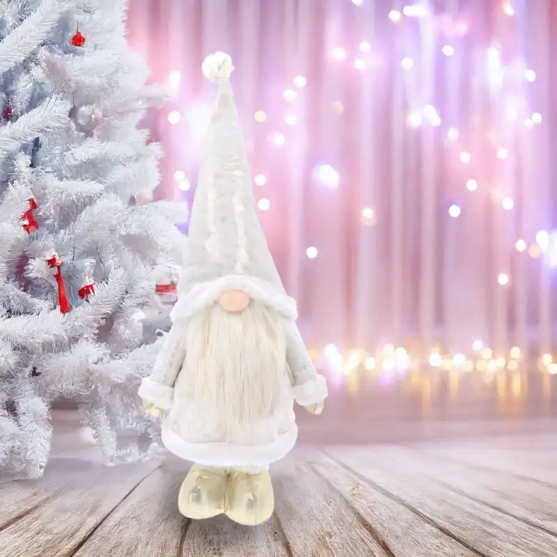 skrzat świąteczny, dekoracja Bożego Narodzenia, figurka skrzata, teleskopowe nogi, ozdoba na święta, świąteczna dekoracja 85 cm, skrzat z białym ubrankiem, ozdoba na prezent, zimowy skrzat, dekoracja do wnętrz
