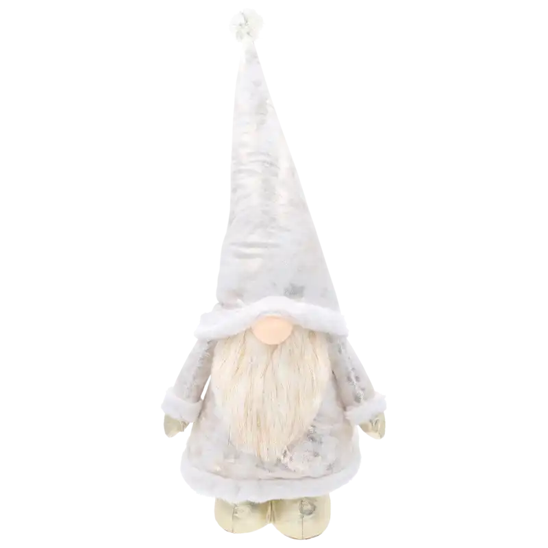 Figurka XXL skrzat w kolorze bieli i złota z teleskopowymi nogami, wysokość regulowana od 80 cm do 120 cm. Świąteczna dekoracja.