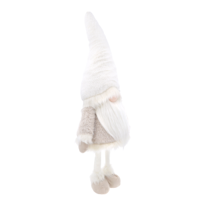 Świąteczny skrzat o wysokości 80 cm, widok z profilu. Jasna kolorystyka i detale zimowego ubioru figurki.