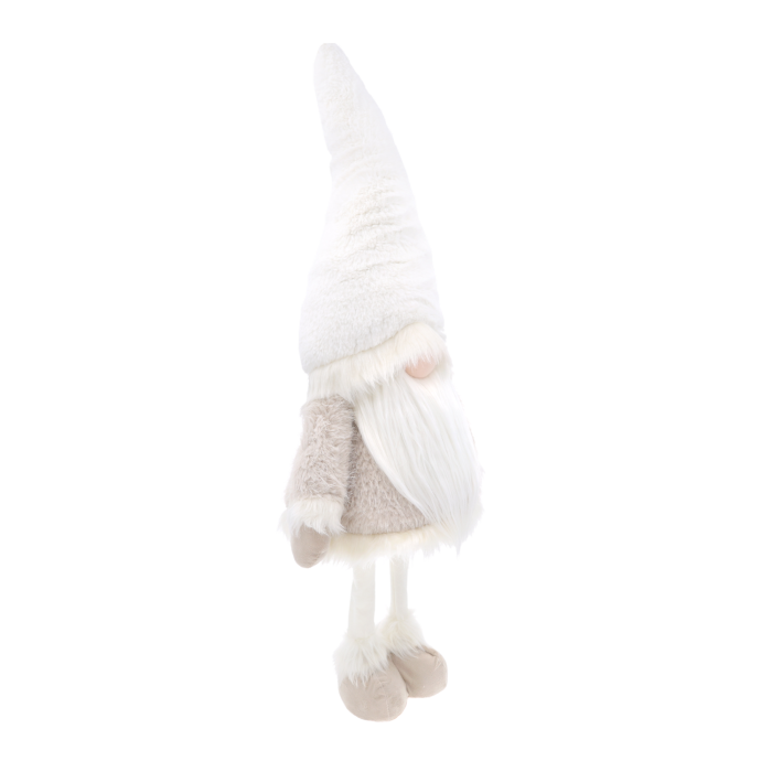 Świąteczny skrzat o wysokości 80 cm, widok z profilu. Jasna kolorystyka i detale zimowego ubioru figurki.