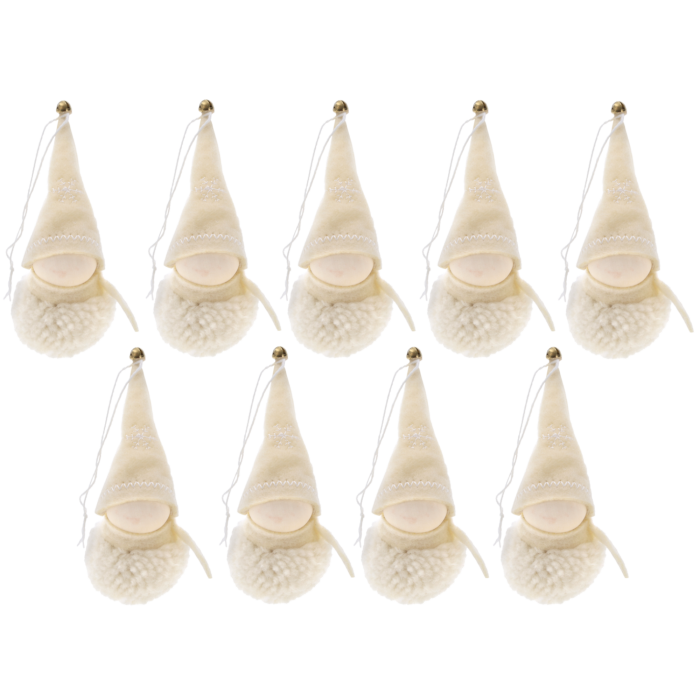 Zestaw 9 świątecznych skrzatów dekoracyjnych zawieszek o wysokości 12 cm. Urocze figurki w jasnych kolorach bieli i beżu, idealne jako ozdoby choinkowe w komplecie.