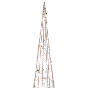 Zbliżenie na górną część złotej choinki 60 cm. Widoczny metalowy stelaż, drobne diody LED oraz elegancka girlanda z koralikami.