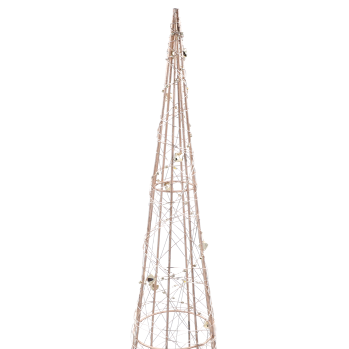 Zbliżenie na górną część złotej choinki 60 cm. Widoczny metalowy stelaż, drobne diody LED oraz elegancka girlanda z koralikami.