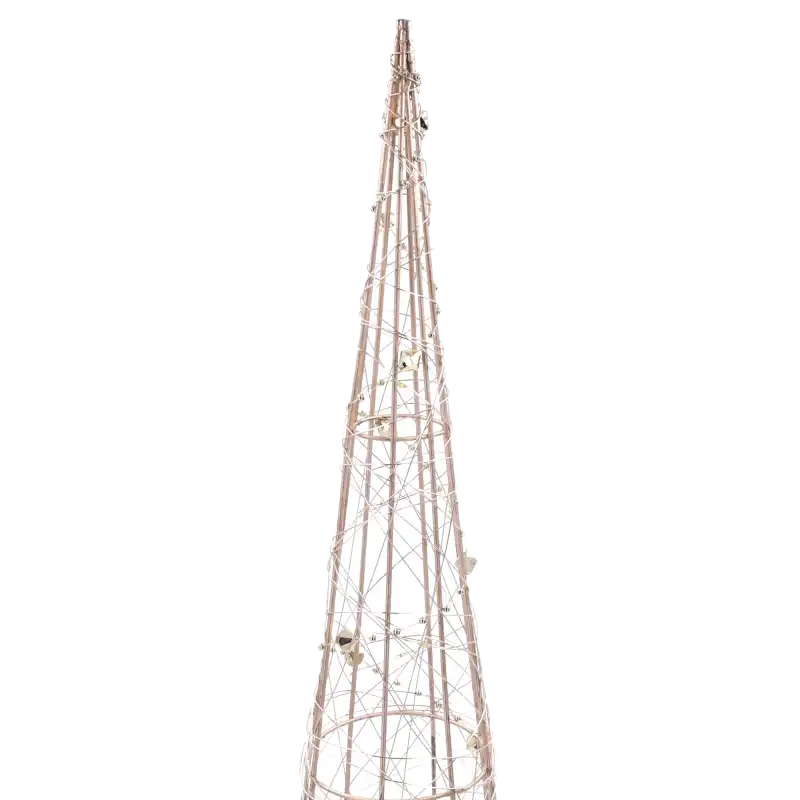 Zbliżenie na górną część złotej choinki 60 cm. Widoczny metalowy stelaż, drobne diody LED oraz elegancka girlanda z koralikami.