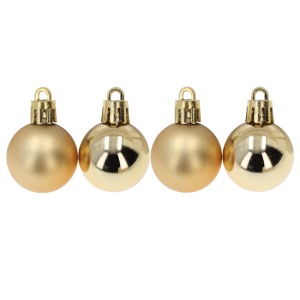 Zestaw 24 złotych bombek choinkowych 3 cm w wersji matowej i błyszczącej z zawieszkami. Eleganckie ozdoby świąteczne, które dodadzą blasku drzewku, zapewniając łatwe i szybkie dekorowanie.