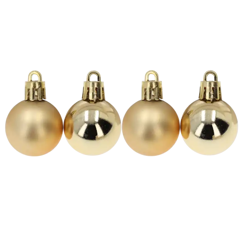 Zestaw 24 złotych bombek choinkowych 3 cm w wersji matowej i błyszczącej z zawieszkami. Eleganckie ozdoby świąteczne, które dodadzą blasku drzewku, zapewniając łatwe i szybkie dekorowanie.
