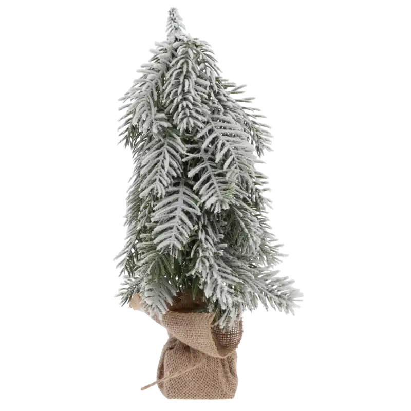 Ośnieżona choinka 38 cm w jutowym worku to klimatyczna dekoracja świąteczna o naturalnym designie, doskonała do zdobienia mebli, stołów i parapetów w okresie Bożego Narodzenia.