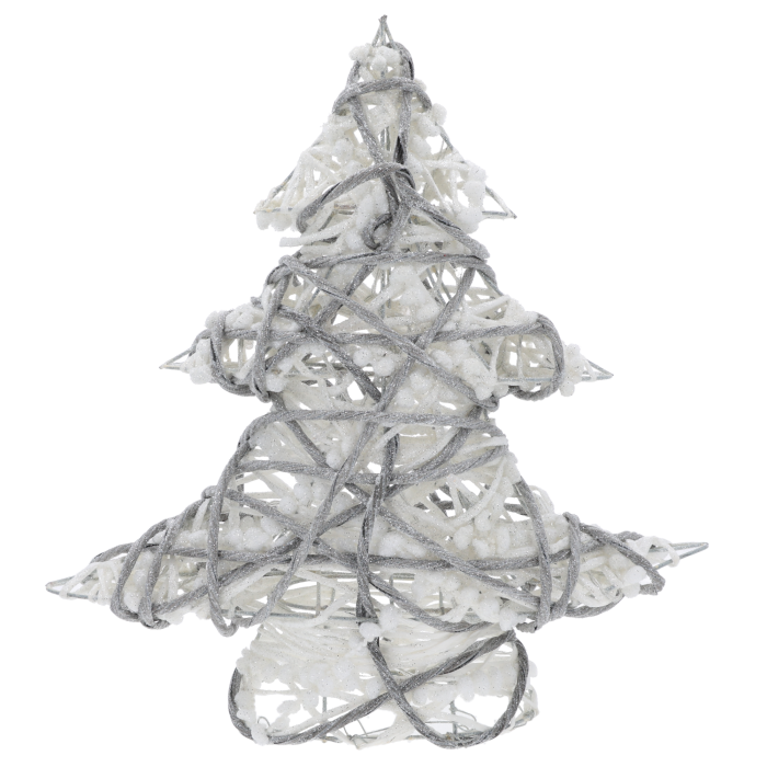 Świecąca choinka 20 LED o wysokości 40 cm w kolorach bieli i szarości. Dekoracja z metalowego stelaża ozdobiona brokatem i sznurkiem, idealna do świątecznych aranżacji wnętrz.
