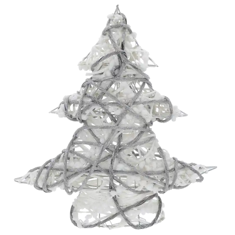 Świecąca choinka 20 LED o wysokości 40 cm w kolorach bieli i szarości. Dekoracja z metalowego stelaża ozdobiona brokatem i sznurkiem, idealna do świątecznych aranżacji wnętrz.