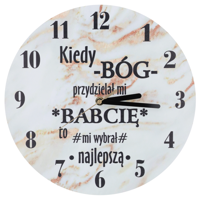 zegar na Dzień Babci, prezent dla babci, zegar ścienny 30 cm, personalizowany zegar, cichy zegar ścienny, zegar z napisem, upominek dla babci, dekoracja na Dzień Babci, zegar z dedykacją, elegancki zegar ścienny