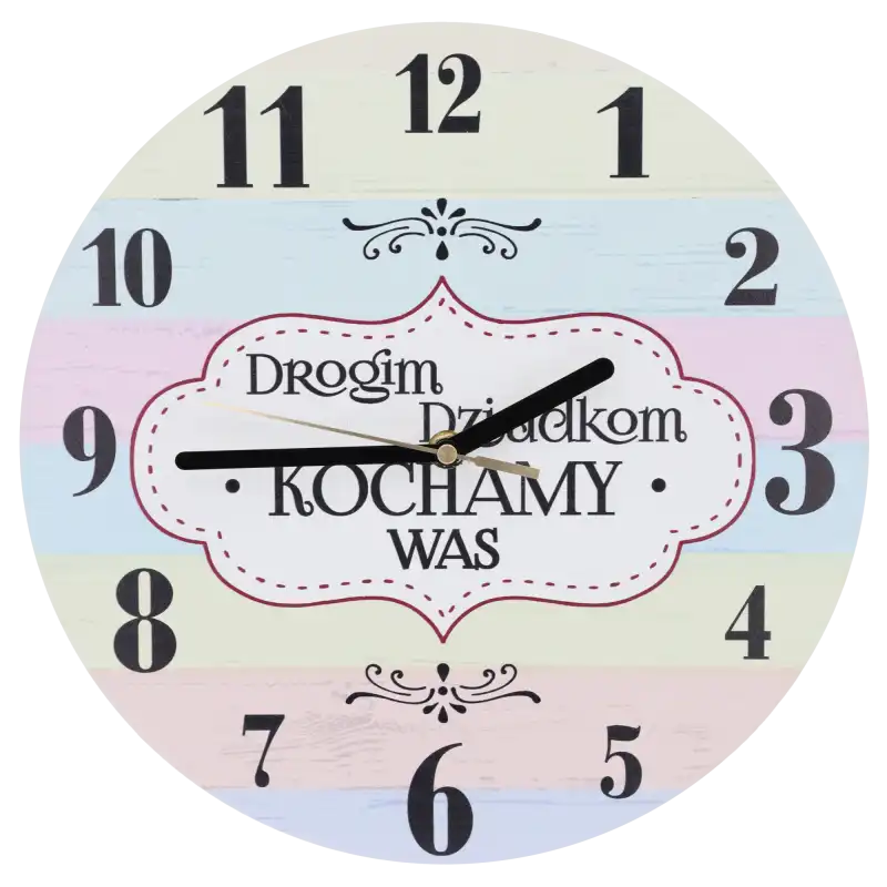 Zegar ścienny 30 cm dla dziadków z napisem Drogim Dziadkom Kochamy Was. Tarcza z MDF posiada czytelne cyfry i cichy mechanizm.