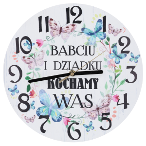 Zegar ścienny 30 cm z napisem Babciu i Dziadku Kochamy Was. Tarcza z nadrukiem motyli i cichy mechanizm wskazówkowy.