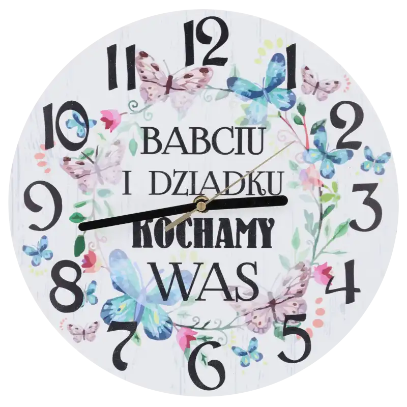 Zegar ścienny 30 cm z napisem Babciu i Dziadku Kochamy Was. Tarcza z nadrukiem motyli i cichy mechanizm wskazówkowy.