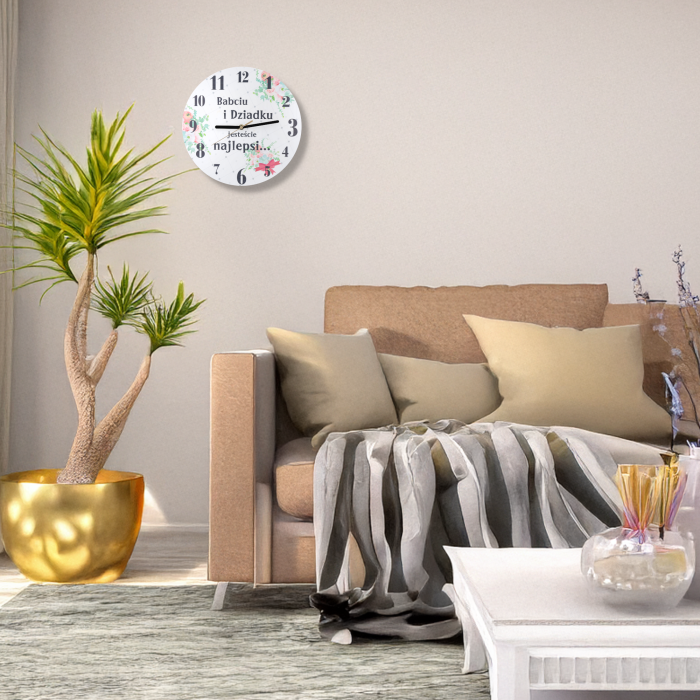 zegar na Dzień Babci i Dziadka, prezent dla babci i dziadka, zegar ścienny 30 cm, personalizowany zegar z napisem, cichy zegar ścienny, dekoracja do domu, upominek dla dziadków, elegancki zegar z dedykacją, zegar MDF
