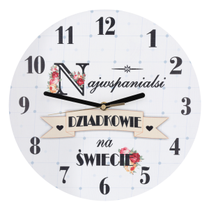 Zegar ścienny Najwspanialsi dziadkowie na świecie o średnicy 30 cm z czytelną tarczą i kwiatowymi akcentami.