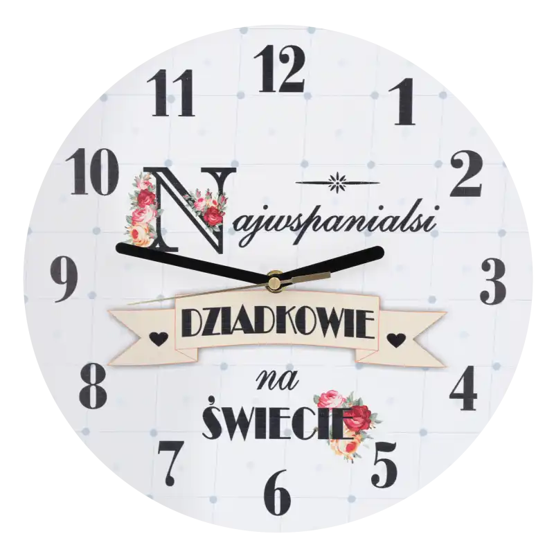 Zegar ścienny Najwspanialsi dziadkowie na świecie o średnicy 30 cm z czytelną tarczą i kwiatowymi akcentami.