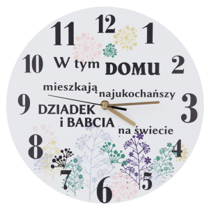 Zegar ścienny 30 cm z napisem dla dziadka i babci. Dekoracja z kwiatowym motywem na białym tle i cichym mechanizmem.