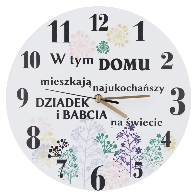 Zegar ścienny 30 cm z napisem dla dziadka i babci. Dekoracja z kwiatowym motywem na białym tle i cichym mechanizmem.