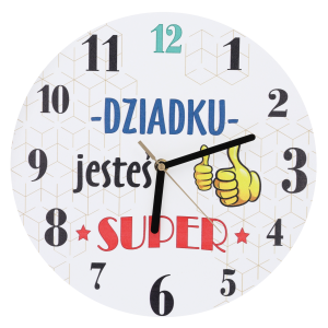 Zegar ścienny Dziadku jesteś super o średnicy 30 cm z czytelnymi cyframi i wzruszającym napisem na białym tle. Posiada czarne wskazówki oraz cichy mechanizm.
