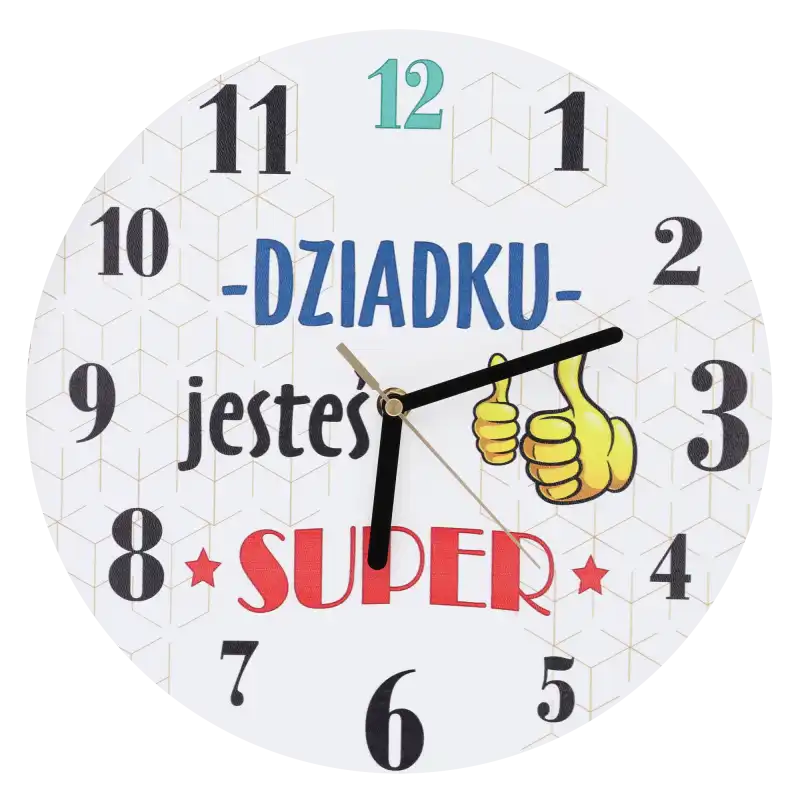 Zegar ścienny Dziadku jesteś super o średnicy 30 cm z czytelnymi cyframi i wzruszającym napisem na białym tle. Posiada czarne wskazówki oraz cichy mechanizm.