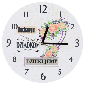 Zegar ścienny Kochanym Dziadkom - Dziękujemy o średnicy 30 cm z delikatnym kwiatowym wzorem i czytelną tarczą.