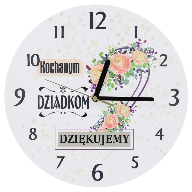 Zegar ścienny Kochanym Dziadkom - Dziękujemy o średnicy 30 cm z delikatnym kwiatowym wzorem i czytelną tarczą.