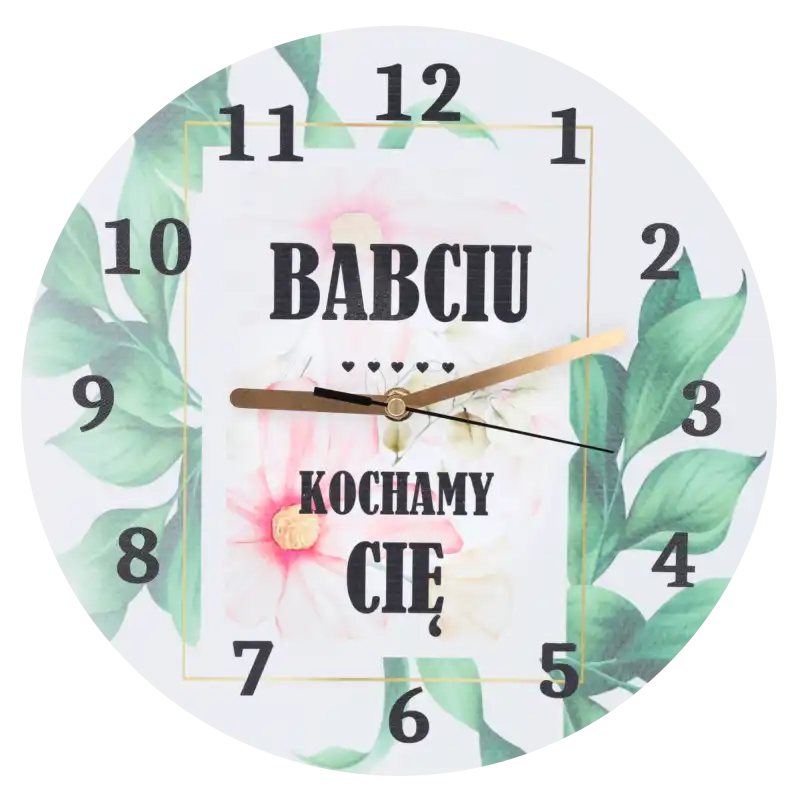 Zegar ścienny 30 cm z napisem Babciu kochamy Cię, wykonany z płyty MDF, z cichym mechanizmem i motywem kwiatowym.