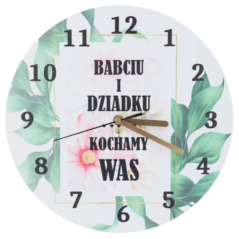 Zegar ścienny 30 cm z napisem Babciu i Dziadku kochamy Was. Tarcza z kwiatowym motywem i wyraźnymi cyframi na białym tle.