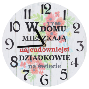 Zegar ścienny o średnicy 30 cm z napisem W tym domu mieszkają najcudowniejsi dziadkowie na świecie oraz kwiatowym motywem.