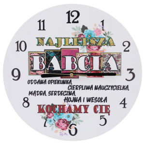 Zegar ścienny Najlepsza Babcia o średnicy 30 cm wykonany z MDF. Tarcza z kwiatowym motywem oraz napisem dla babci.